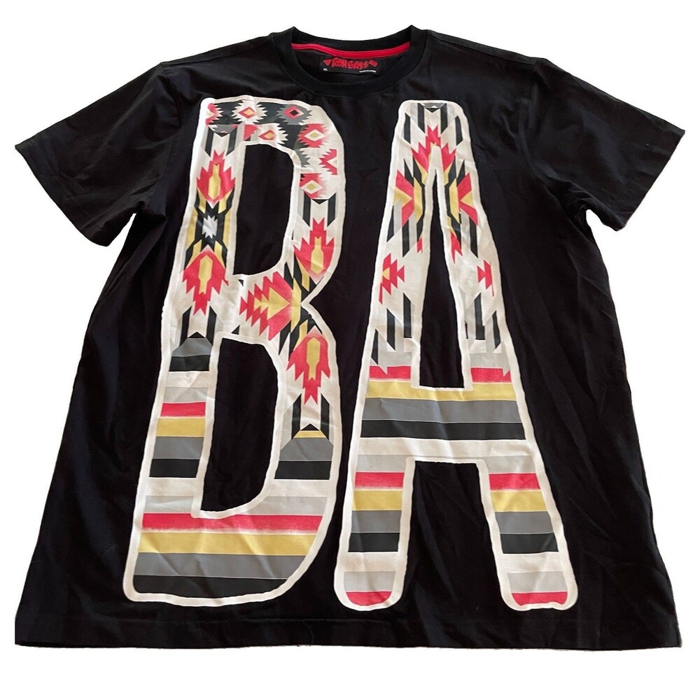Ron Bass Big Logo Graphic T-Shirt Double Sided Aztec Print 100% Cotton Men's XL